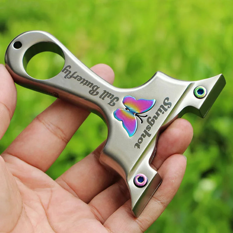 High Precision Butterfly Slingshot Outdoor Hunting Shooting Stainless Steel Competitive Slingshot Catapult With Flat Rubber Band