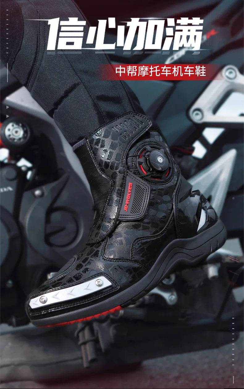 Motorcycle Boots Man Waterproof Studded Boots Hook and Loop Fasteners Wear-Resistant Motorcycle Shoes Anti-Slip Anti-Fall