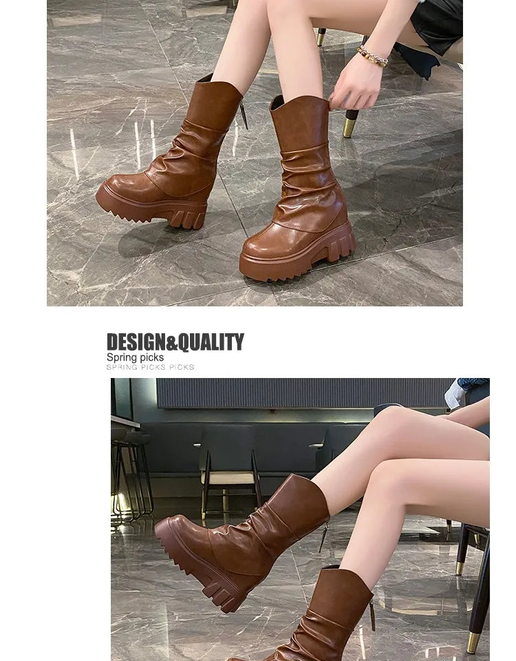 9CM Women Mid Calf Boots Autumn Winte Soft Leather Motorcycle Boots High Platform Square Heels Ladies Chunky Shoes Botas Mujer