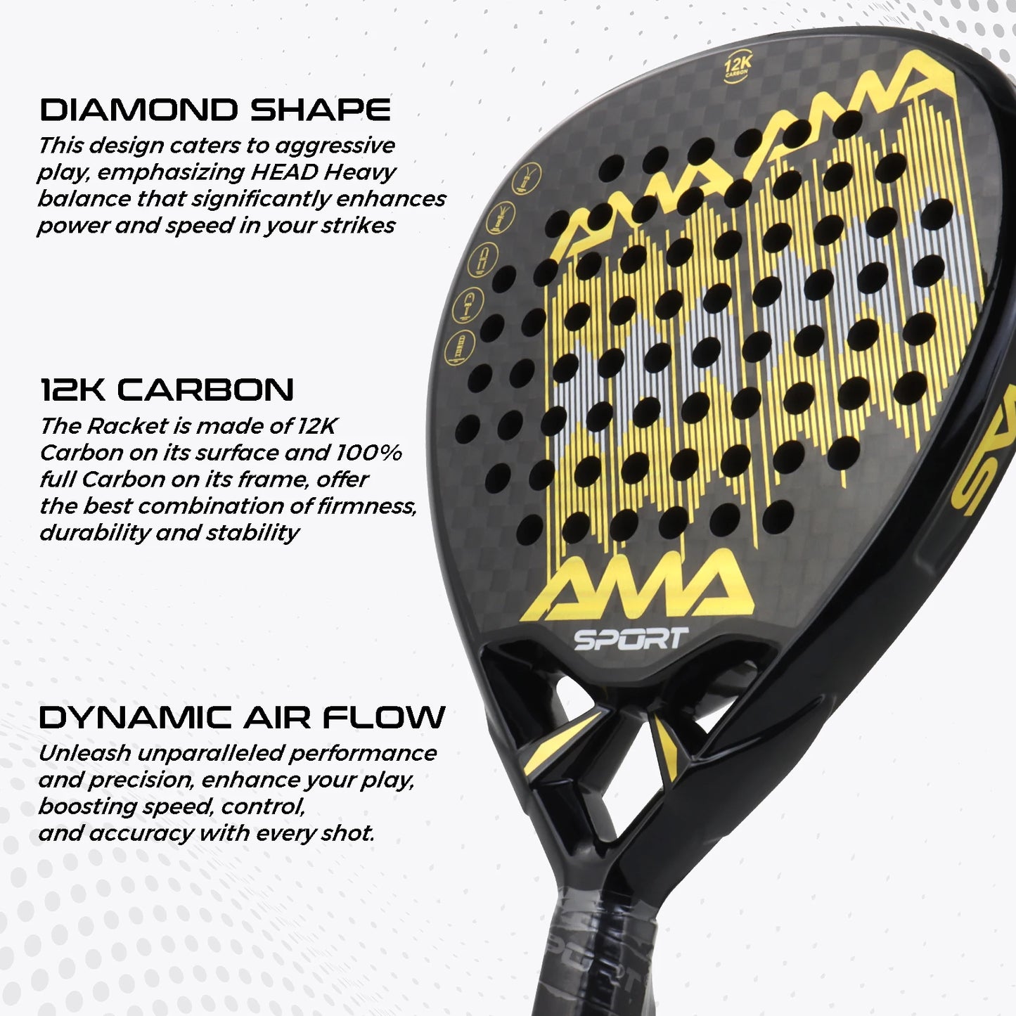 AMASPORT 12K Carbon Fiber Paddle Tennis Racket Dynamic Air Flow Design High Density EVA Memory Flex Foam Core With Soft Grip