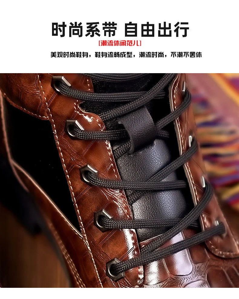 Size 38-48 Classic Design New Men's Ankle Boots Handsome Thick Sole Patent Leather Crocodile Lines Men's Short Motorcycle Boots