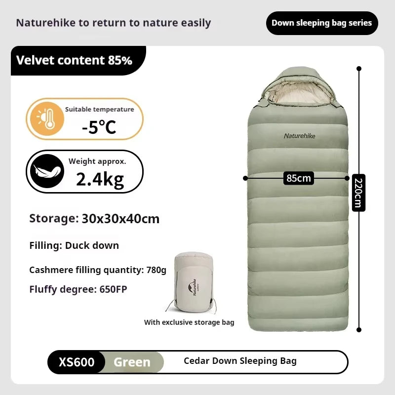Naturehike Duck Down Sleeping Bag Ultralight Autumn Winter Spring Widened Sleeping Bag Hooded Windproof Waterproof -10℃ Outdoor