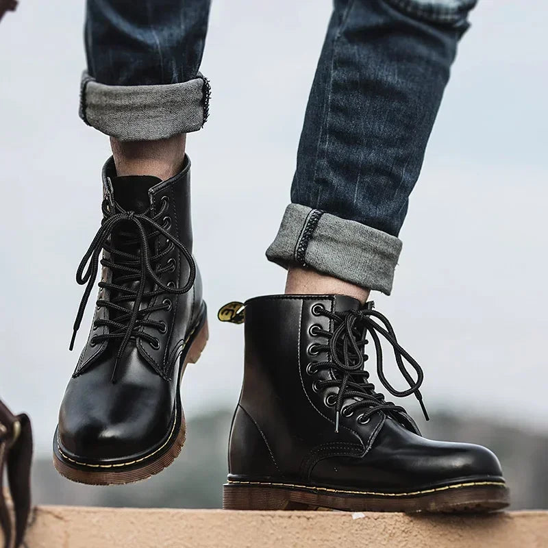 New Couple Boots Genuine Leather Motorcycle Shoes Breathable Waterproof Anti-Slip Warm Cotton Men's Women's Fashion Ankle Boots