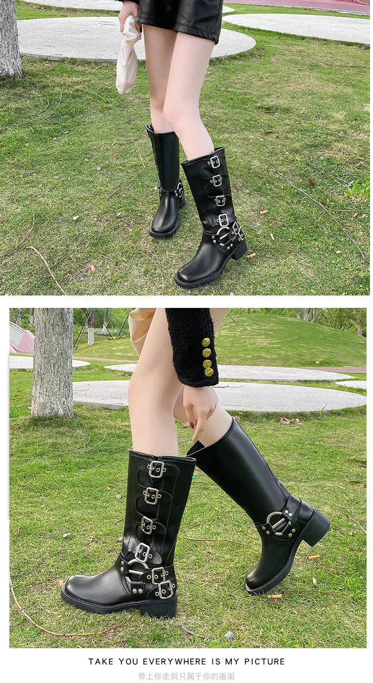 Women's High Platform Boots Metal Buckle Thick Heel Motorcycle Boots Vintage Soft Leather Punk Boot Brown Leather Knight Boot
