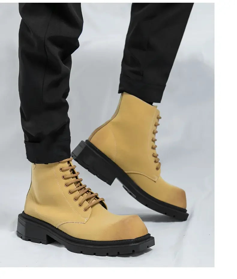 Large Men's Autumn High Top Casual British Motorcycle Shoes, Retro Trendy Brand Height Increasing Big Head Leather Boots