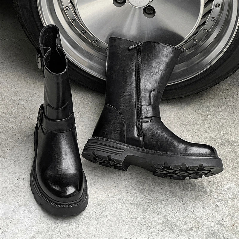 men casual cosplay nightclub long knight boots genuine leather platform shoes vintage cowboy high boot designer motorcycle botas