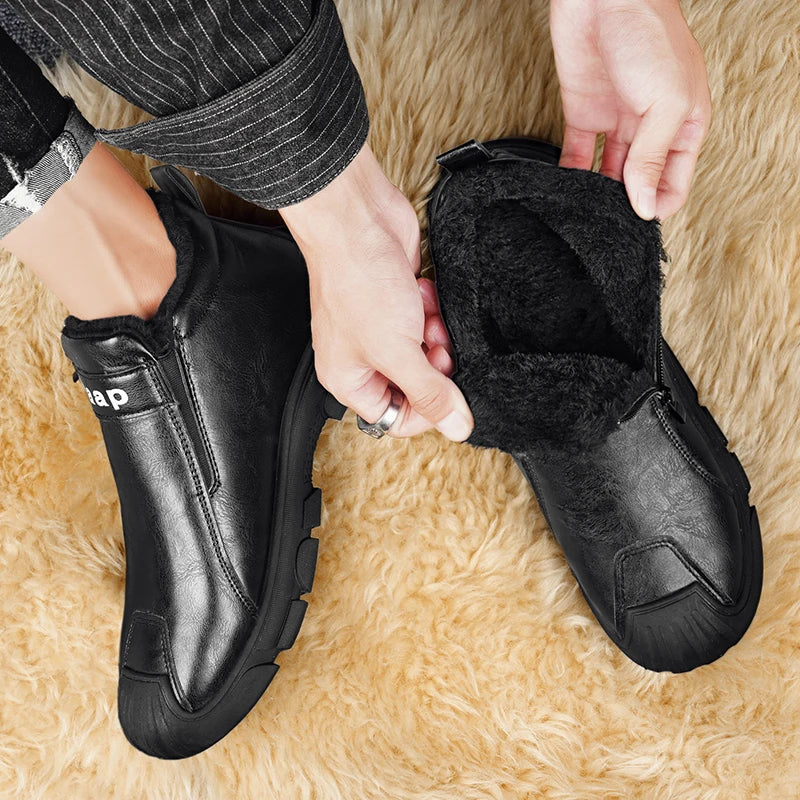 2025 High Top Men's Winter Shoes Comfortable Black Fluff Boots Men Warm Plush Leather Casual Sneakers Men Work Motorcycle Boots