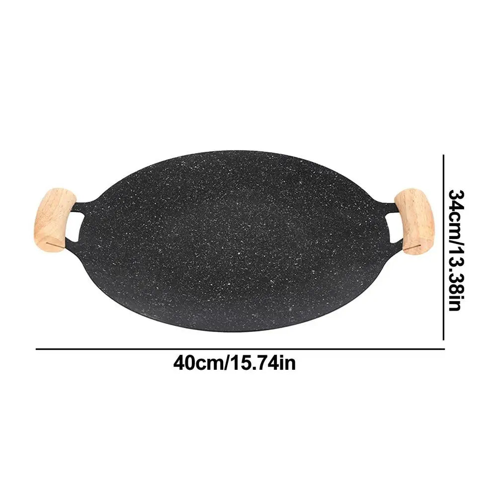 BBQ Grill Pan Non Stick Cast Iron Baking Pan Frying Pan with Wooden Handle Griddle Grill Pan Camping Stove Plate outdoor cooking