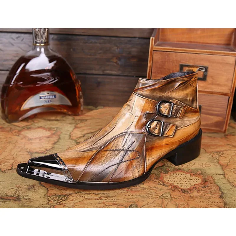Western men's booties leather shoes pointy brown leather ankle boots men's zipper 6.5cm high heels motorcycle shoes