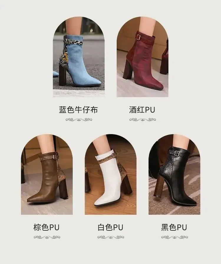 2025 Autumn New Fashion Mixed Color Lace Up Ankle Boots for Women Europe America Pointed Toe High Heel Big Size Shoes 45 46 47