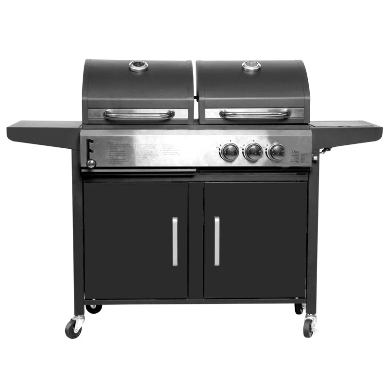 BBQ Grill  Outdoor Large Hybrid 4 Burner Trolley Smokeless Dual Fuel Charcoal and Gas Combo with Side Burner