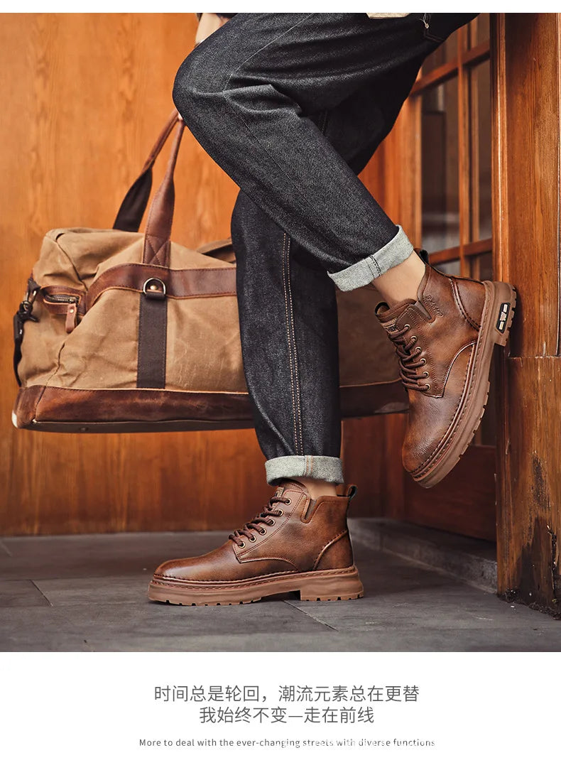 Luxury Men Ankle Boots Retro British High-top Men Boots Fashion High Quality Leather Shoes 2024 New Outdoor Men Motorcycle Boots