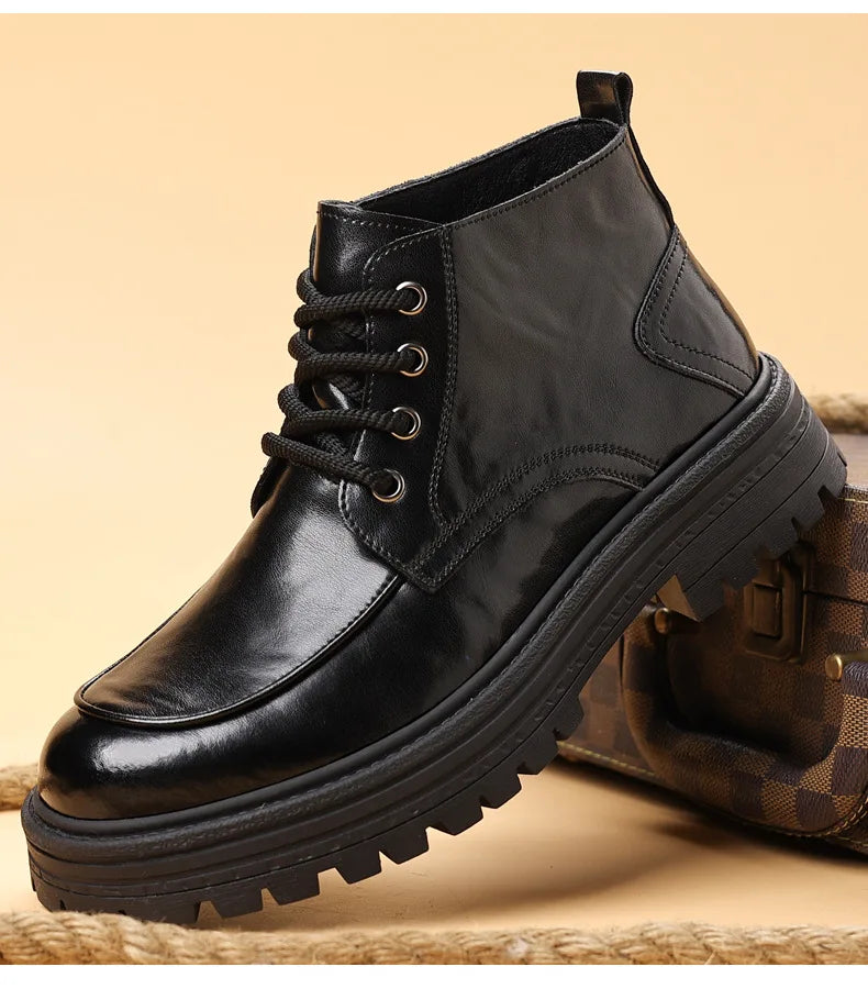 Outdoor Men High Top Leather Shoes Classic Black Leather Boots Motorcycle Breathable Riding Mid-calf Ankle Boots Warm Work Shoes