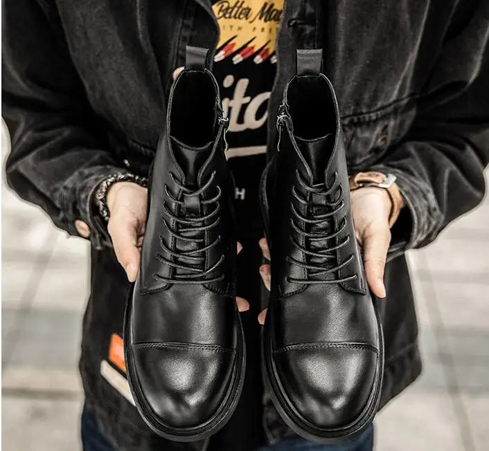 A047 New Men's Boots British High Calf Man Shoes Fashion Round Toe Ankle Boots Comfort Flats Shoes Leather Motorbike Shoe