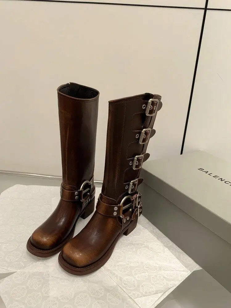 Metal Buckle Square Toe Knee High Boots Women Black PU Leather Punk Long Boots Woman Autumn 2025 Chunky Heels Motorcycle Booties