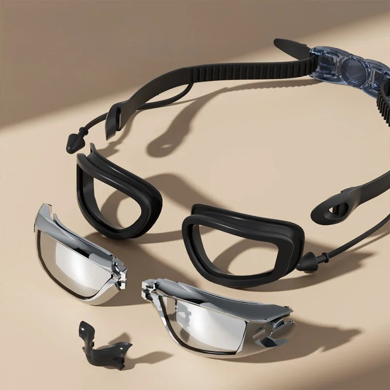 Professional Swimming Goggles with Earplugs Adult Anti-fog UV Protection Lens Men Women Waterproof Adjustable Silicone Glasses