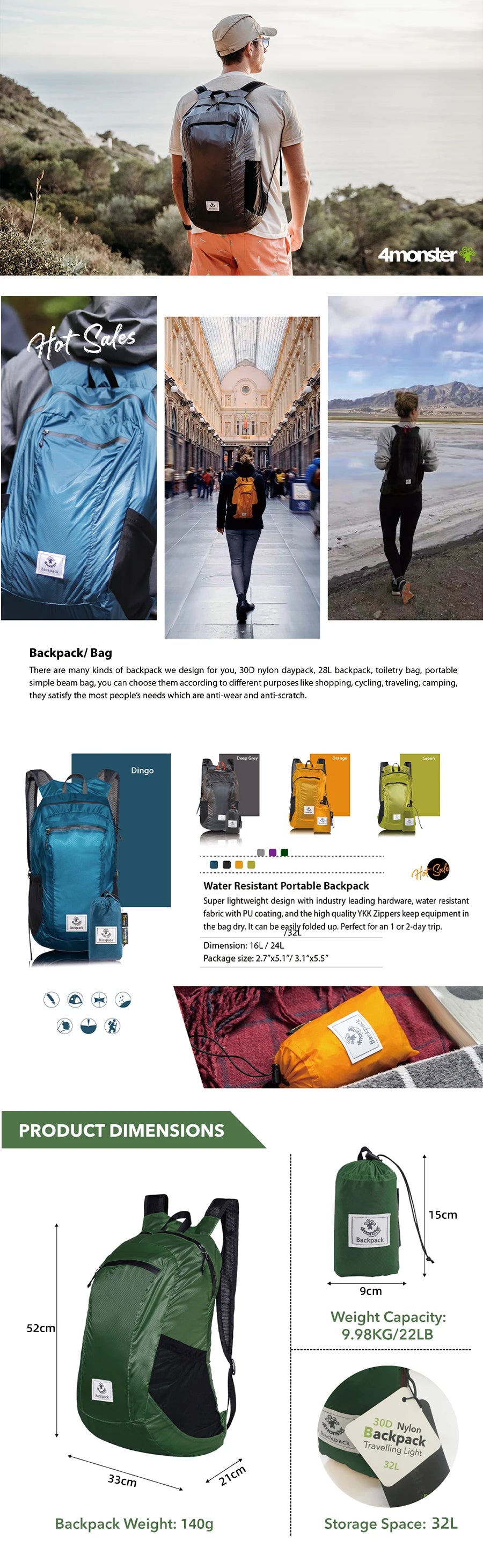 32L Hiking Lightweight Travel Backpack with Large Capacity ,Camping Bag Fit for Outdoor/ Cycling/Gym