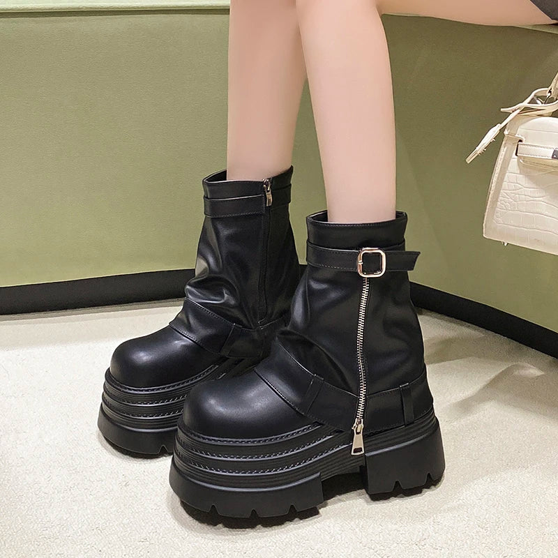 Women's Autumn Winter Leather Ankle Boots 10CM Heels Chunky Platform Combat Boots New Non Slip Motorcycle Shoes Woman Punk Boots