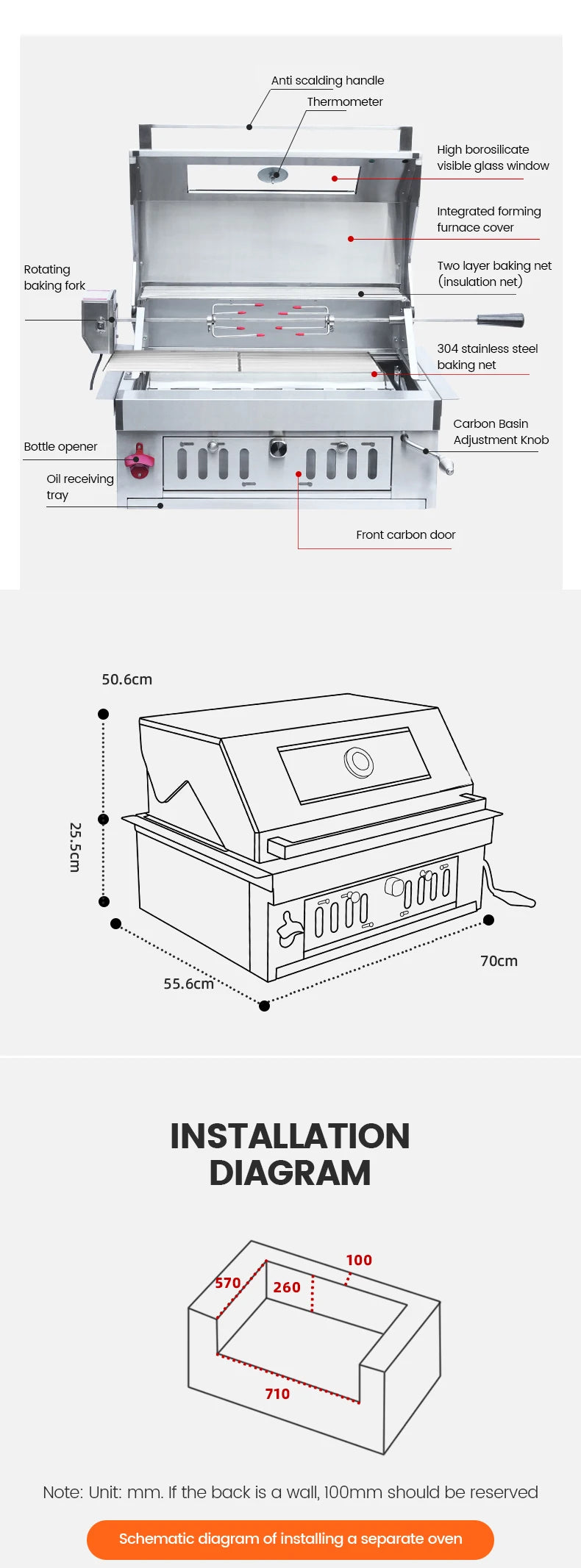 New Arrival Outdoor Party Professional Stainless Steel Built-In BBQ Charcoal Grill