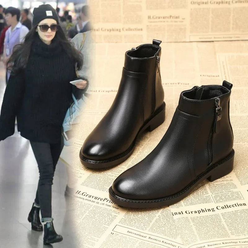 Ankle Boots Women Black Warm Plush Korean Version Side Zipper Cotton Boots Female Flat Luxury Chelsea Boots Short Shoes 2024