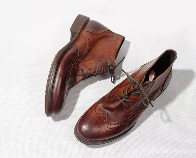 Casual Handmade Vintage Cowhide Genuine Leather Short Boots Men Carving Design High Top Cargo Shoes Men Lace Up Motorcycle Boots