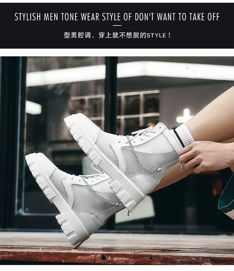 2024 New Summer Men's Boots Thick Bottom Mesh Surface Breathable Hollow Out Chain Short Boot Male Autumn Fashion Casual Shoes