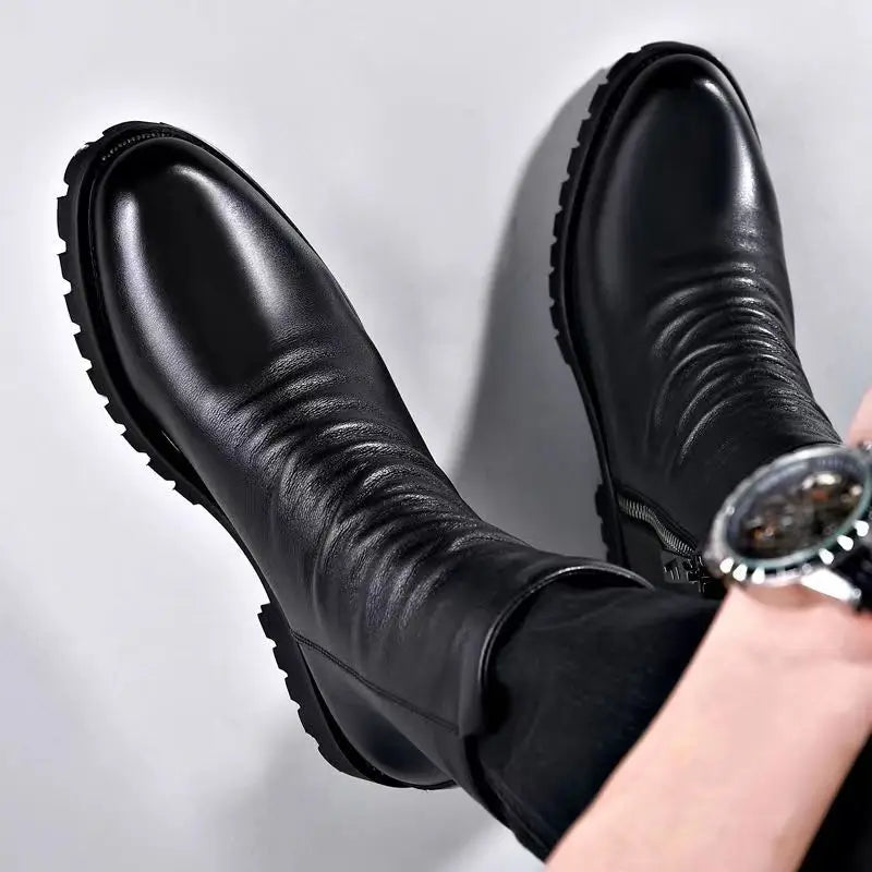 British style mens fashion autumn winter boots black stylish warm wool shoes cowboy genuine leather shoes high motorcycle botas