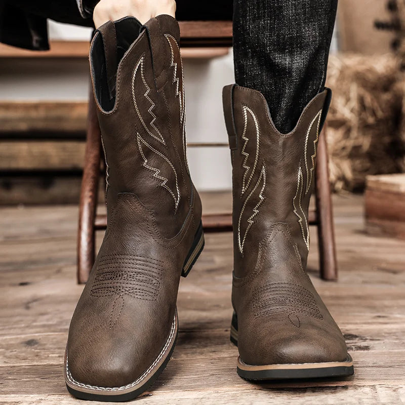 Western Style Cowboy Chelsea Boots Vintage Mid-calf Boots Pointed Toes Classical Shoes Genuine Leather Worker Winter Booties