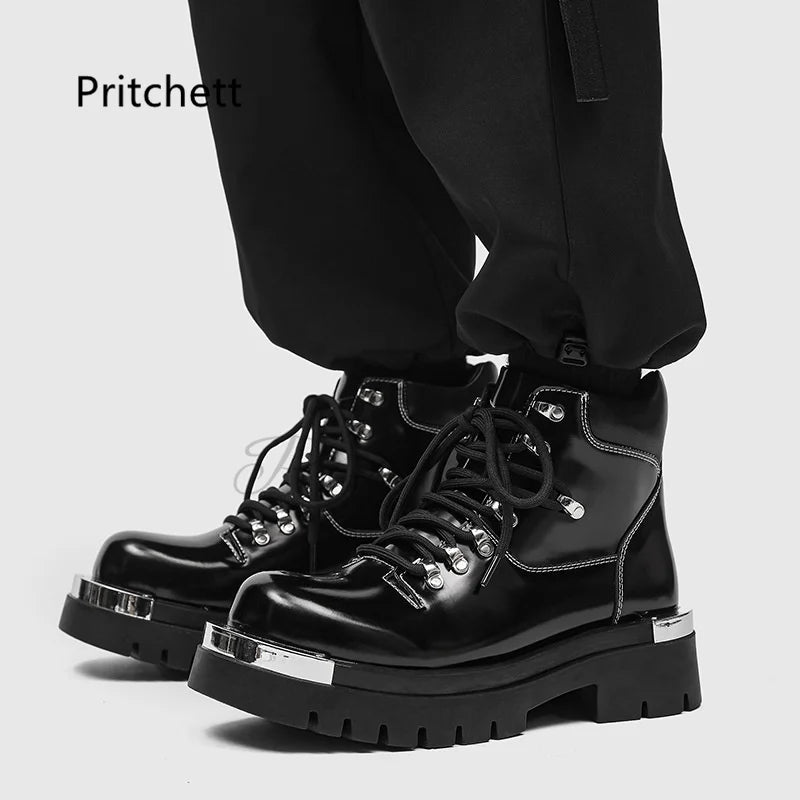 Black Patent Leather Men's Boots Thick Soles Punk Style Women Rivet Metal Decoration Motorcycle Boots Autumn Winter Couple Shoes
