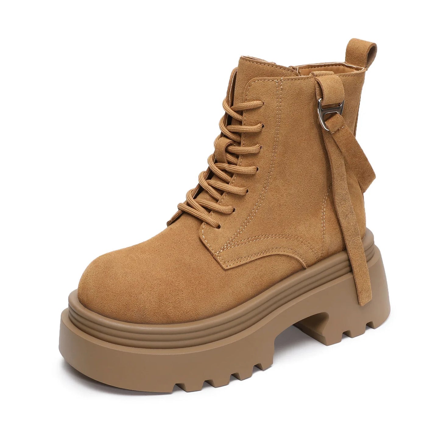 6.5cm Cow Suede Genuine Leather Women Booties Elthnic Pumps Comfy Ankle Knee High Spring Motorcycle Shoes Flats Platform Wedge