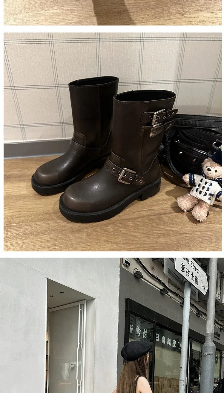 Spring and Autumn Women Boots Retro Platform Boots 2024 Round Toe Solid Color Low Heel Short Buckle Casual Women's Fashion Boots