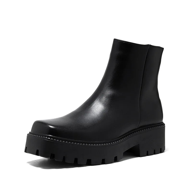 mens fashion punk rock dress high chelsea boots square toe platform shoes cowboy original leather boot handsome motorcycle botas