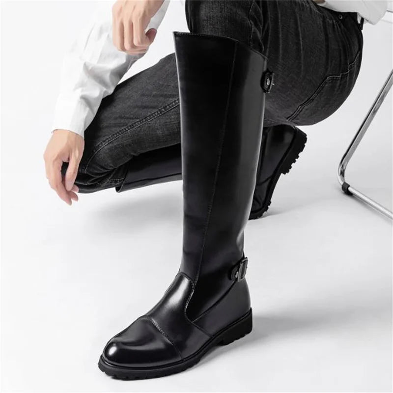 New Arrival Black Long Knee Boots Men Round Toe Buckle High Top Casual PU leather Shoes Man Motorcycle Boots Size 37-46