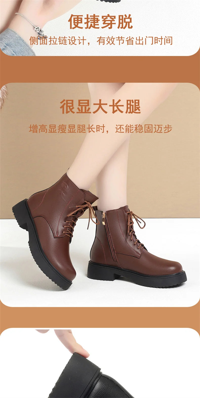 Women Winter Warm Velvet Ankle Boots Lace up Soft Leather Thick Bottom New Fashion Anti-slip Motorcycle Short Boots