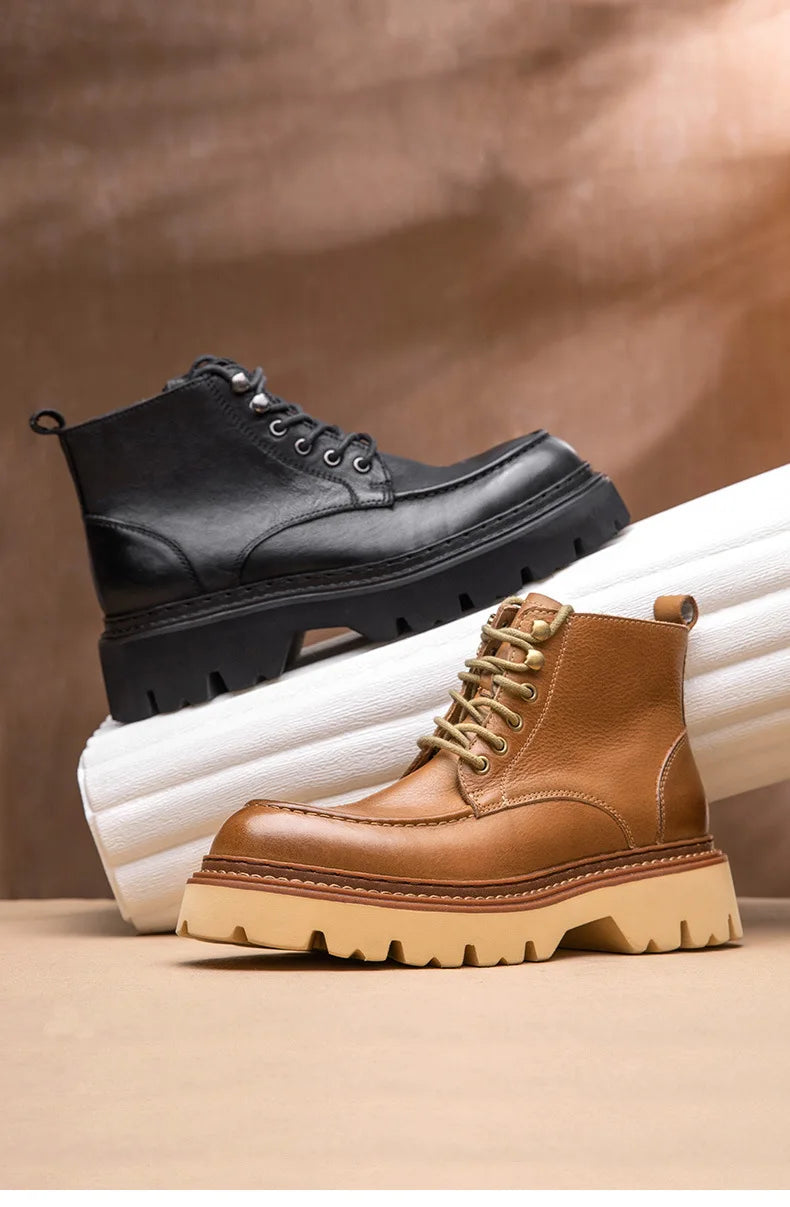 Men's Motorcycle Boots Genuine Leather High Top Motorbike Ankle Boots Thick Soled Vintage Round Toe Casual Punk Dress Shoes