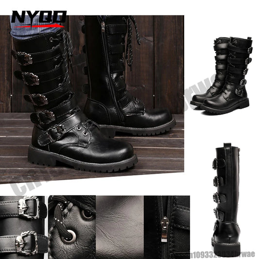 Men Winter Motorcycle Boots Mid-Calf Punk Rock Punk Shoes Mens PU Leather Black High Top Casual Boot Man Motorcycle Boots