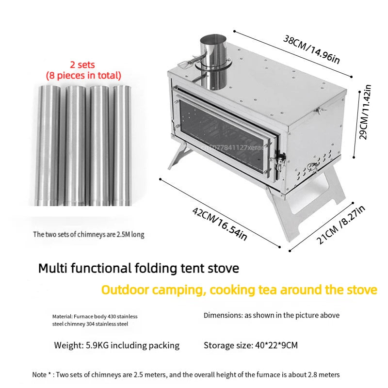 Outdoor tent camping, heat-resistant glass observation stove, portable foldable stainless steel winter heating wood stove