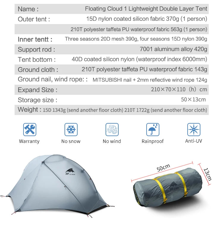 3F UL Gear Floating Cloud 1 Ultralight 3 4 Season Outdoor Camping Tent Waterproof Windproof Hiking Double Layer Tents