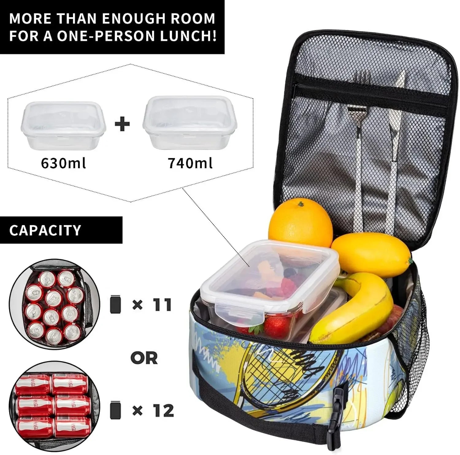 Tennis Racket Art Sport Lunch Bag Insulated Reusable Lunch Box Lunch Tote Lunchbox Portable Bento Bags For