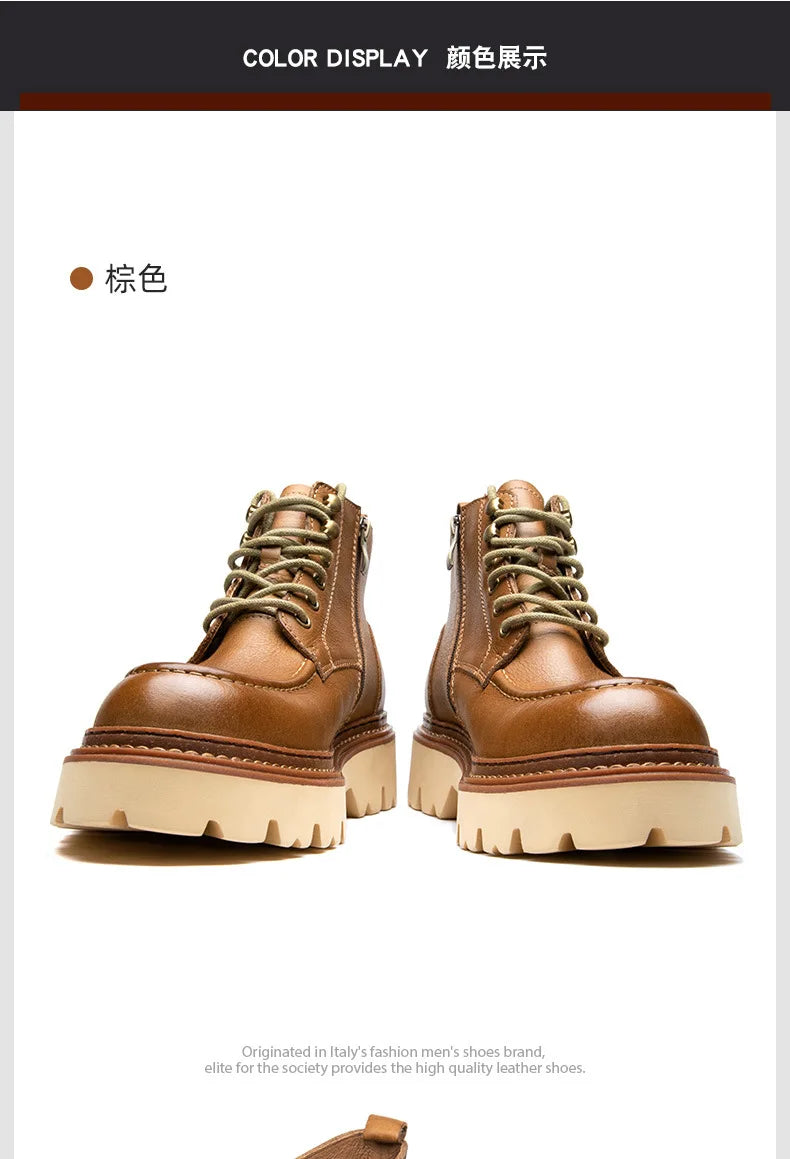 Men's Motorcycle Boots Genuine Leather High Top Motorbike Ankle Boots Thick Soled Vintage Round Toe Casual Punk Dress Shoes