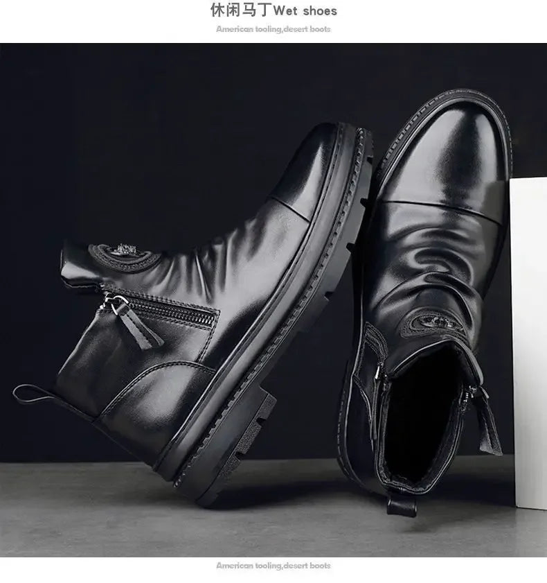 Men's Motorcycle Leather Boots British Style Round Head High Top Shoes Side Zip Walking Casual Platform Boots Bota Masculina