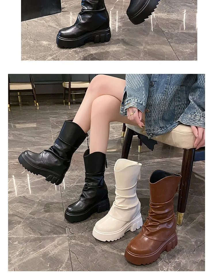 9CM Women Mid Calf Boots Autumn Winte Soft Leather Motorcycle Boots High Platform Square Heels Ladies Chunky Shoes Botas Mujer