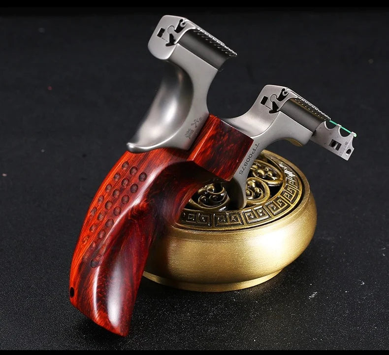 Powerful Stainless Steel Slingshot with Flat Rubber Band Outdoor Hunting and Shooting Combat Catapult with Wooden Handle