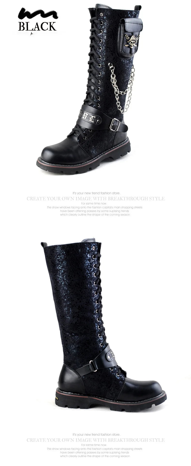 Men Motorcycle Boots  Knee High Boots Low Heels Knight Shoe man Vintage Boots male zapatos,Combat Boots Gothic Skull Punk Boots