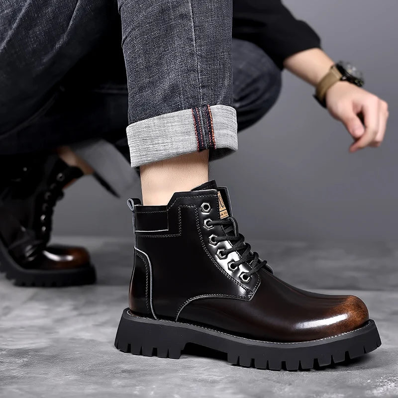 Hot Selling Men's Leather Boots Winter Thick Bottomed Work Boots British Style High Top Shoes Men's Retro Business Boots
