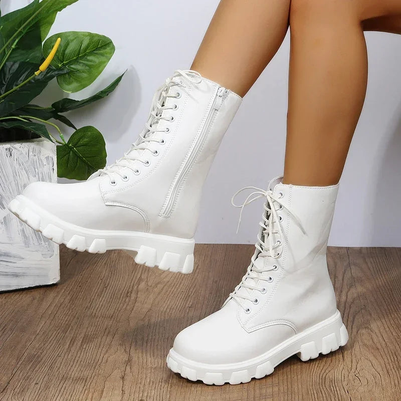 2025 Boots Women  Autumn Winter PU Leather White Ankle Boots Motorcycle Female Chunky Heels Platform Boots