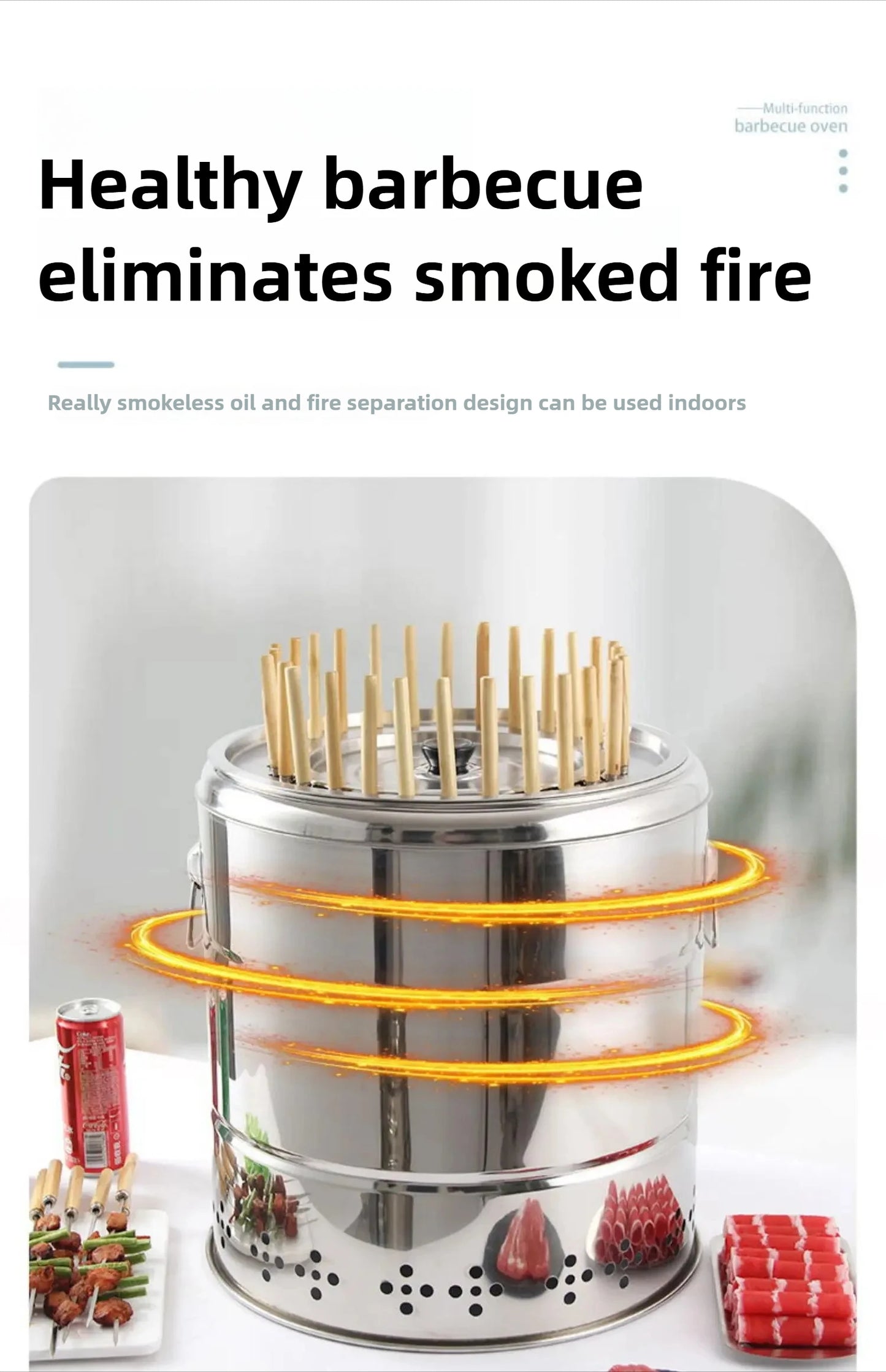 Smokeless Barrel BBQ Grill, Charcoal Rotisserie for Home, Commercial, Outdoor Meat Skewer, Portable Roaster