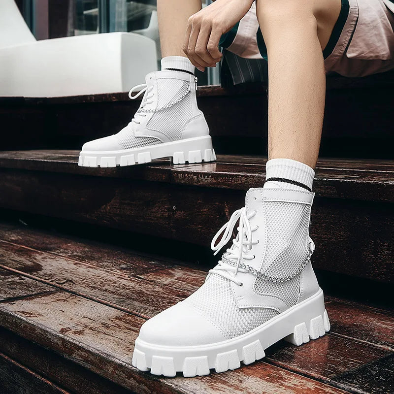 2024 New Summer Men's Boots Thick Bottom Mesh Surface Breathable Hollow Out Chain Short Boot Male Autumn Fashion Casual Shoes