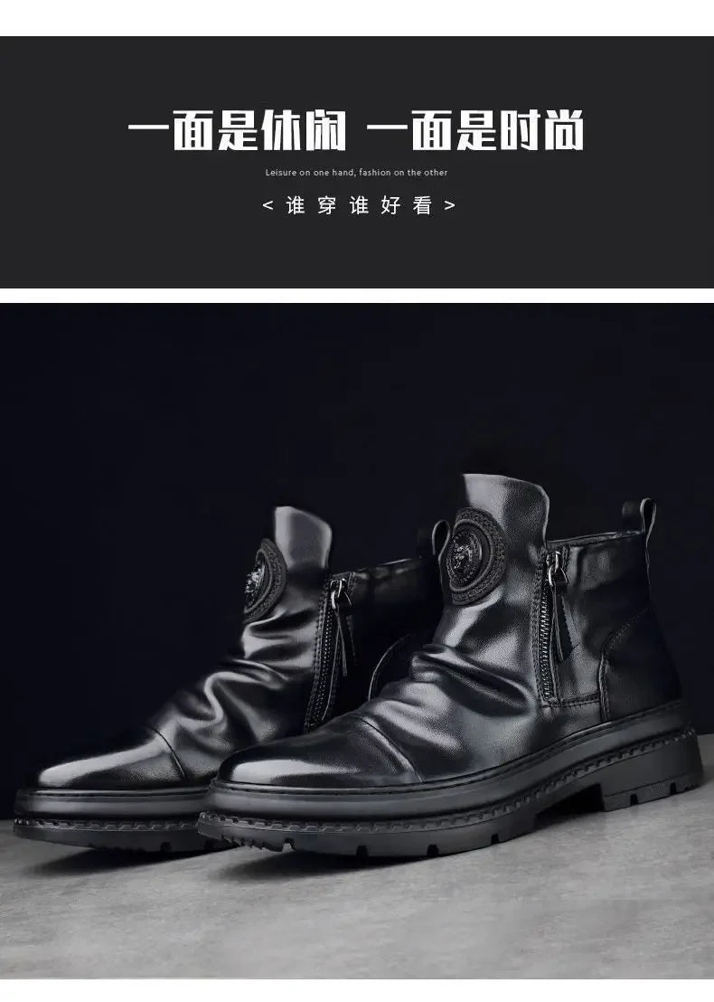 Men's Motorcycle Leather Boots British Style Round Head High Top Shoes Side Zip Walking Casual Platform Boots Bota Masculina