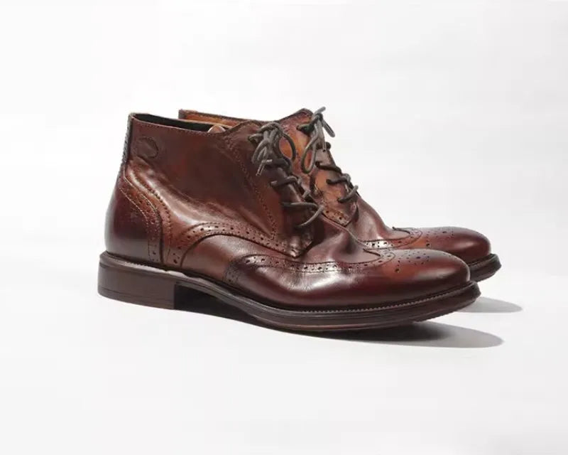 Casual Handmade Vintage Cowhide Genuine Leather Short Boots Men Carving Design High Top Cargo Shoes Men Lace Up Motorcycle Boots